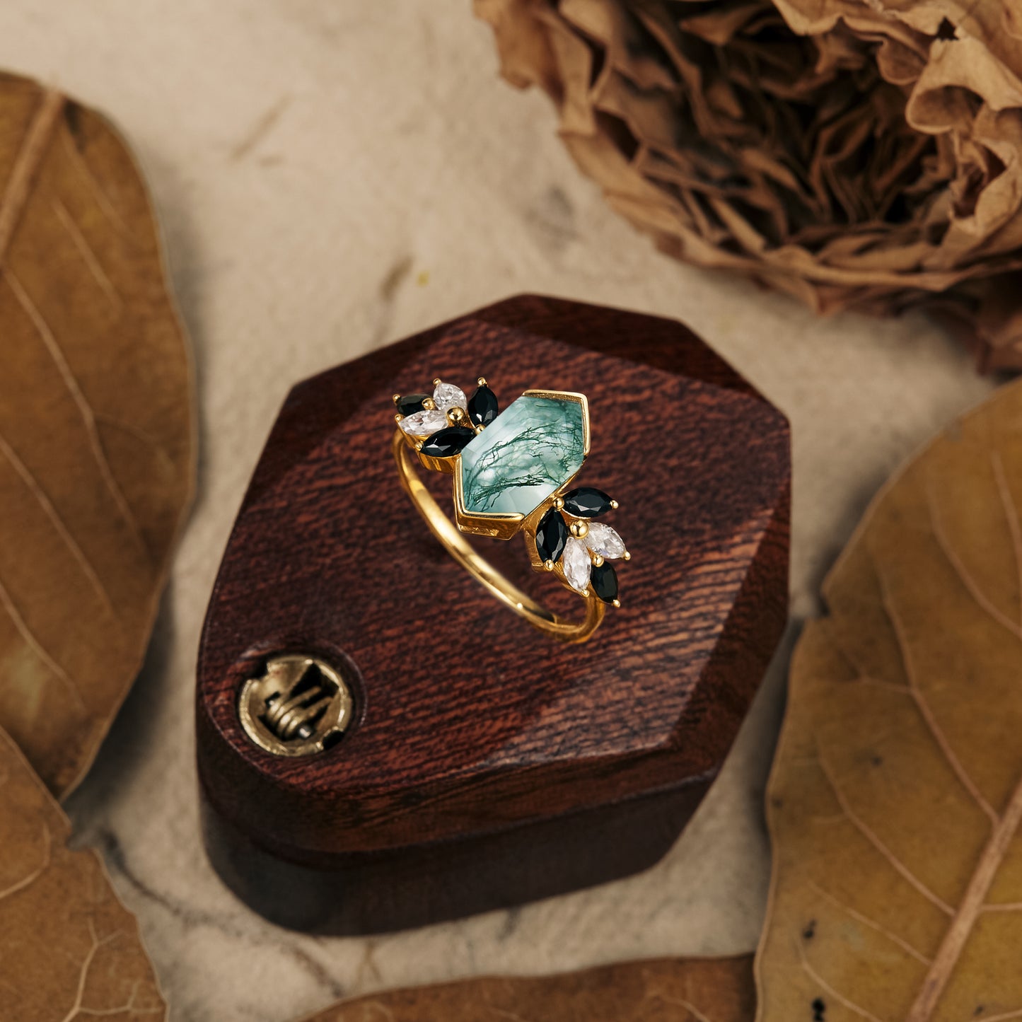 Nature-inspired long hexagon moss agate ring with moissanite and black spinel accents