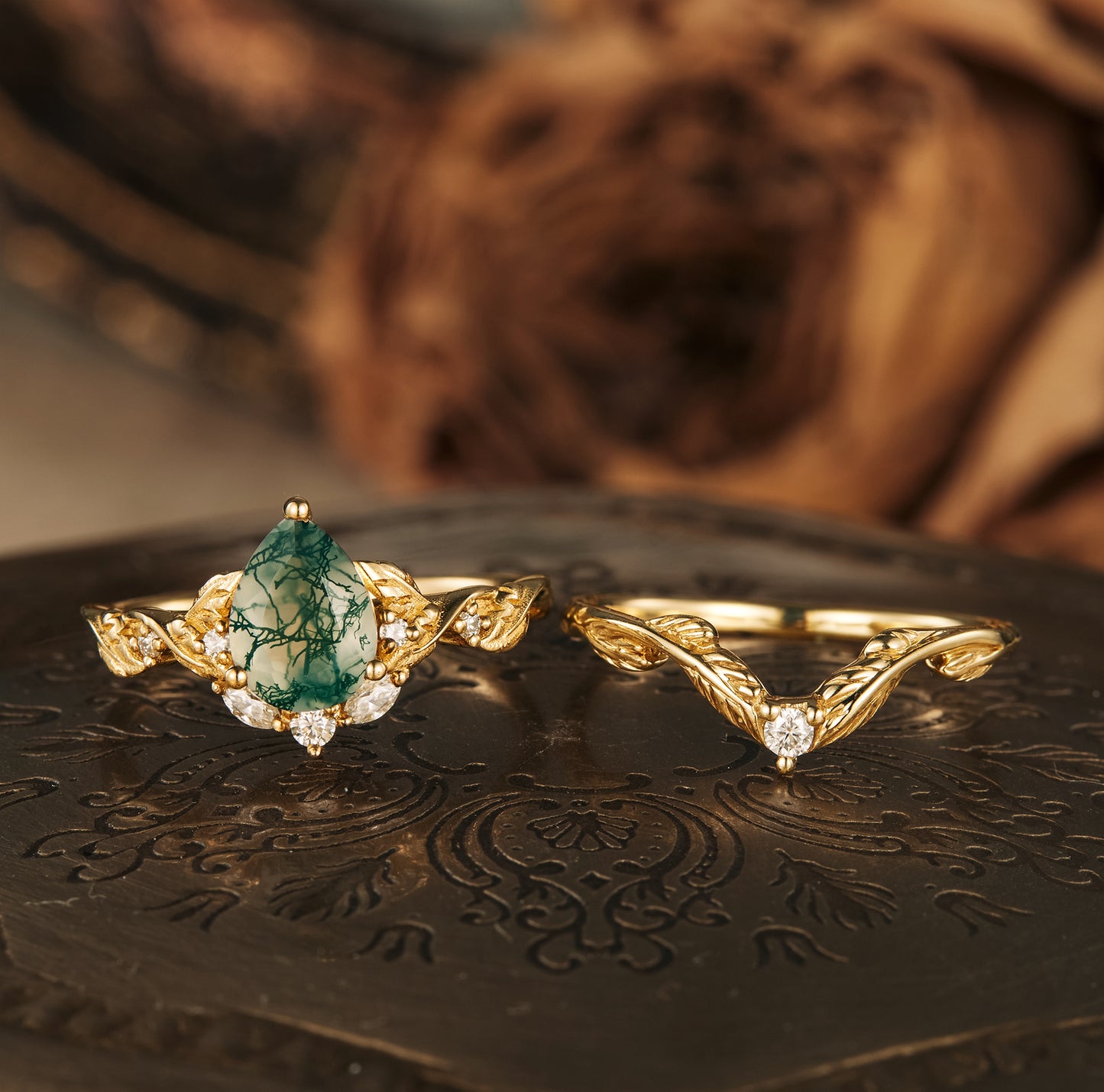 Nature-themed ring set with Moss Agate and Moissanite in yellow gold, inspired by sweet potato vine.