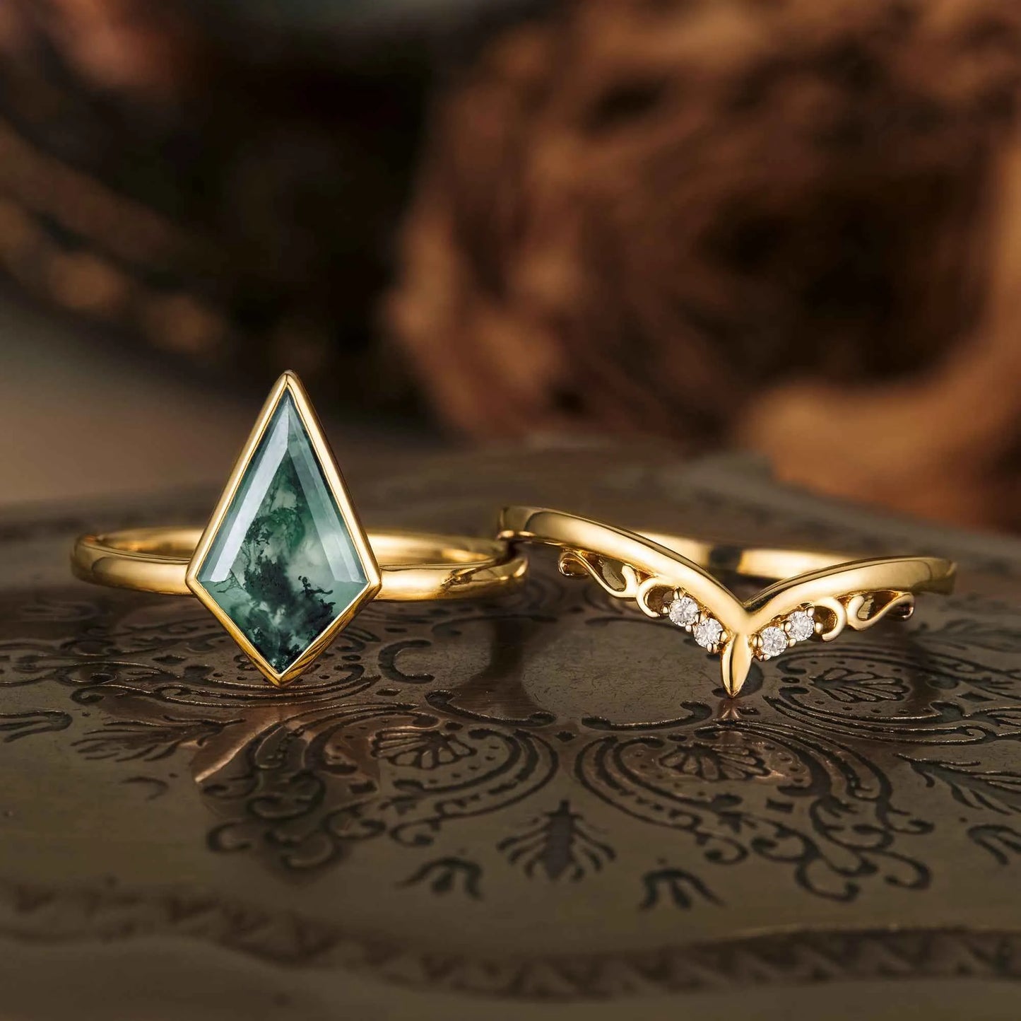 Kite Cut Moss Agate Ring Set 2pcs