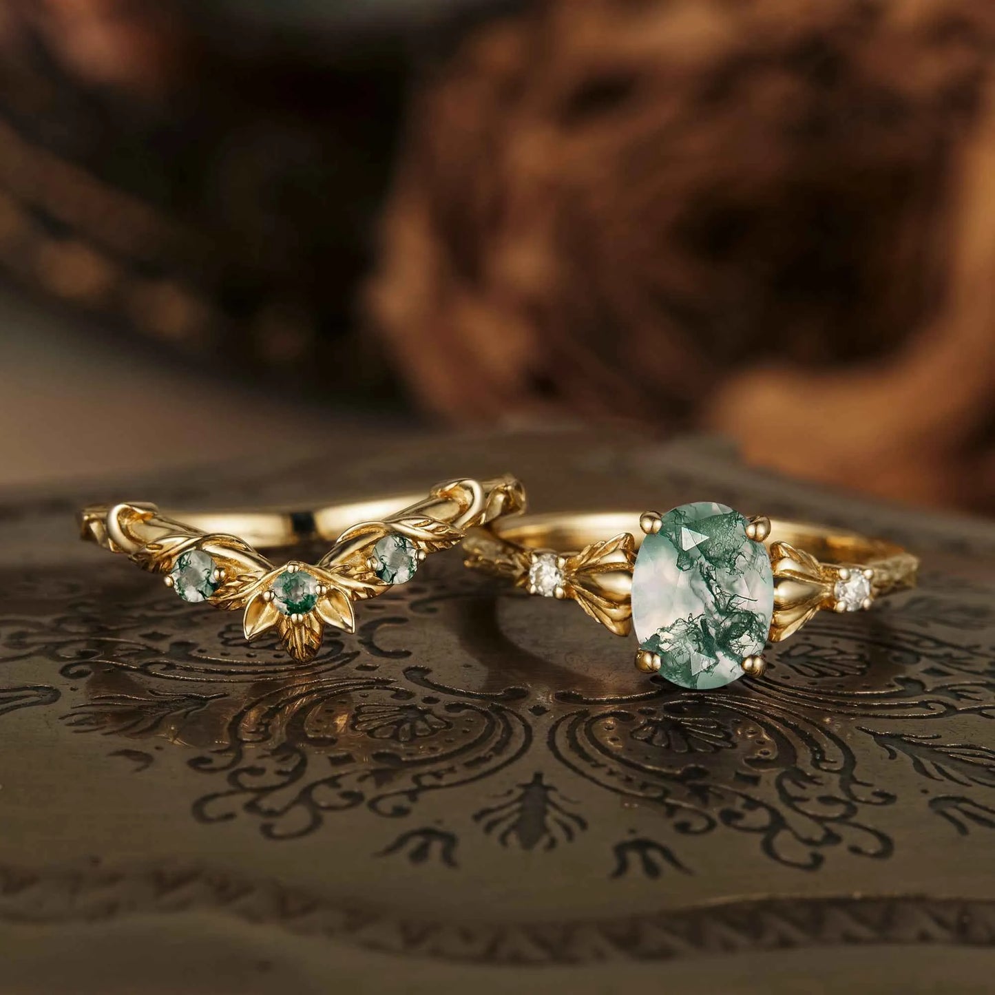 Clematis Inspired Moss Agate Ring Set