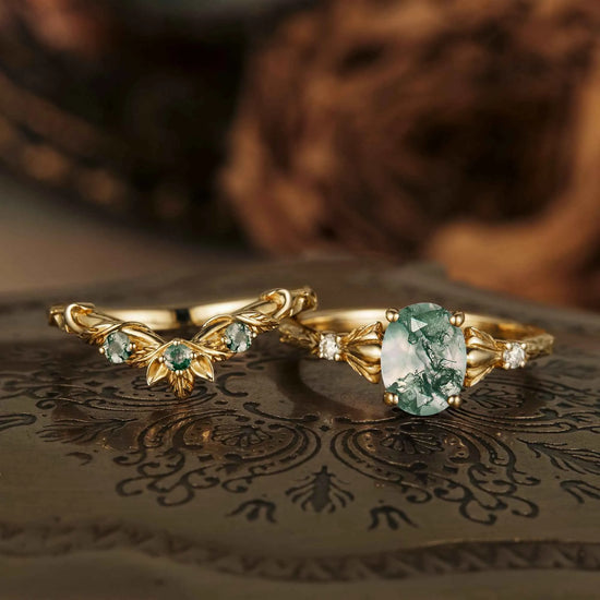 Clematis Inspired Moss Agate Ring Set
