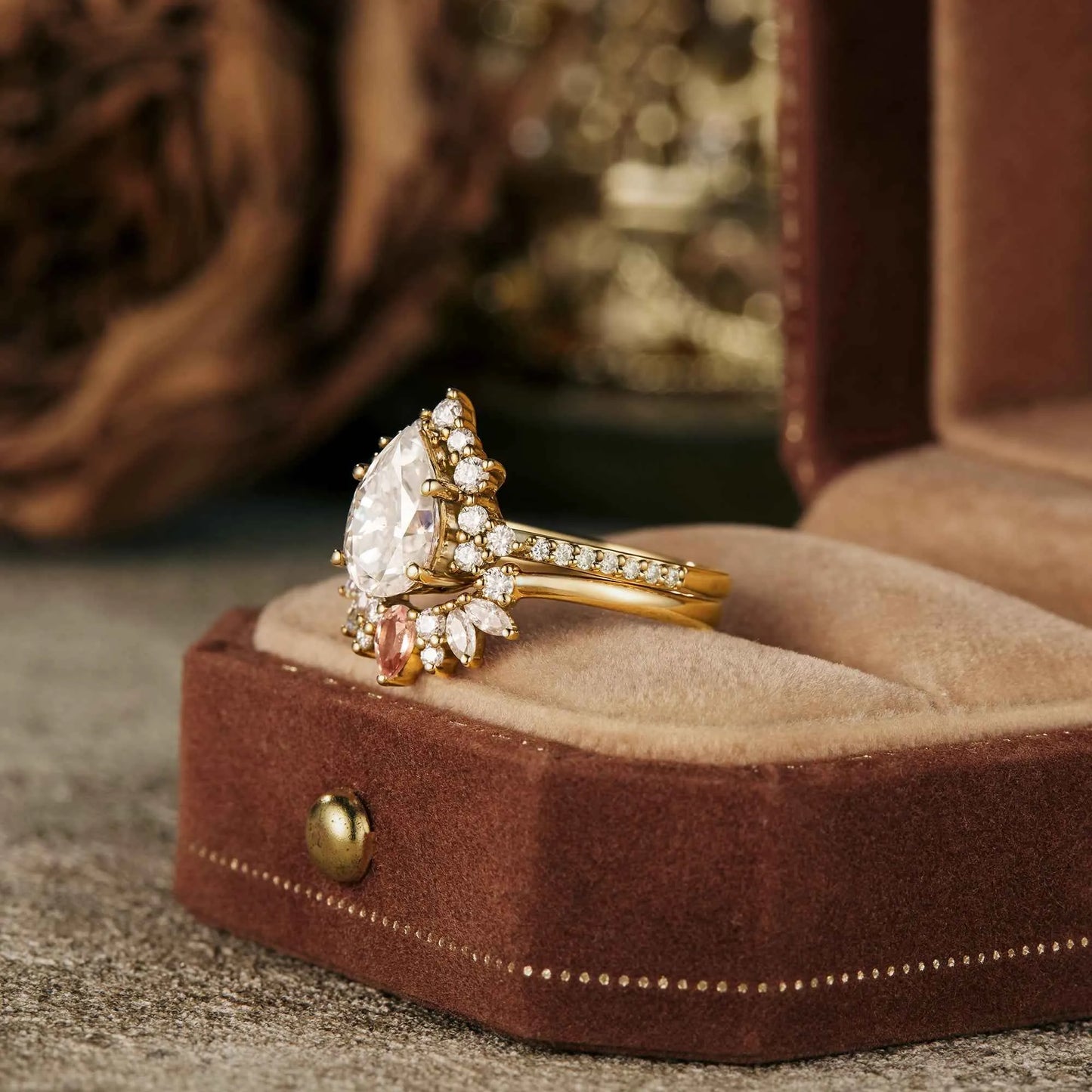 Pear Moissanite Halo Engagement Ring Set