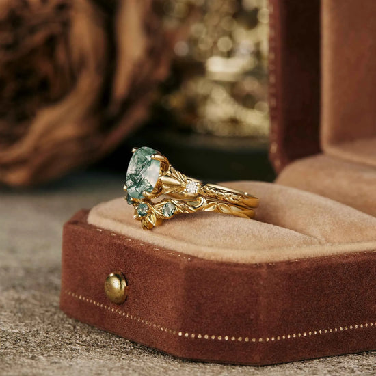Clematis Inspired Moss Agate Ring Set