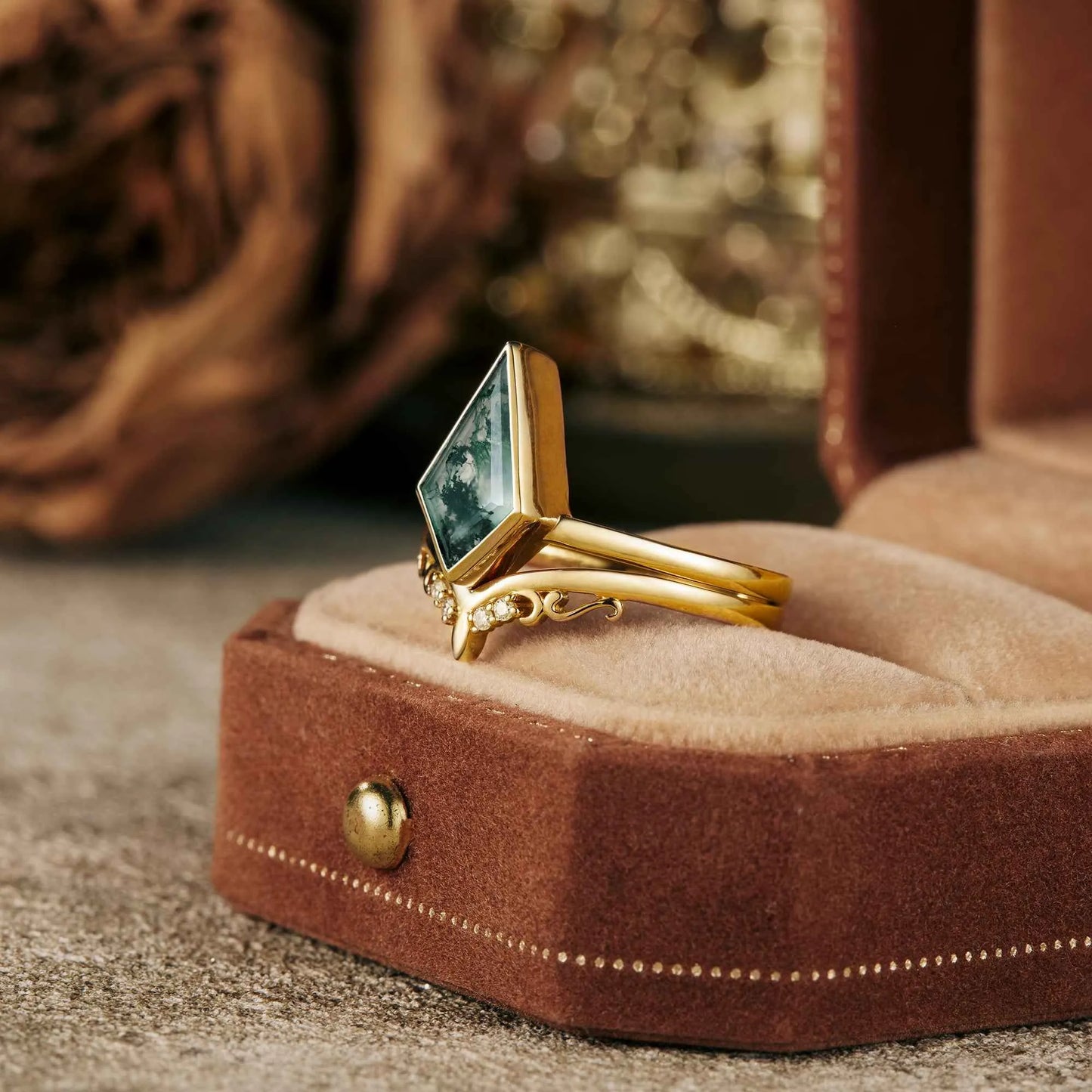 Kite Cut Moss Agate Ring Set 2pcs
