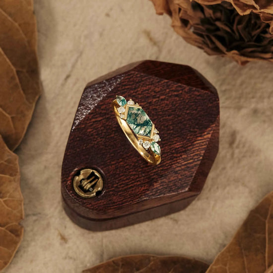 Long Hexagon Moss Agate Engagement Ring