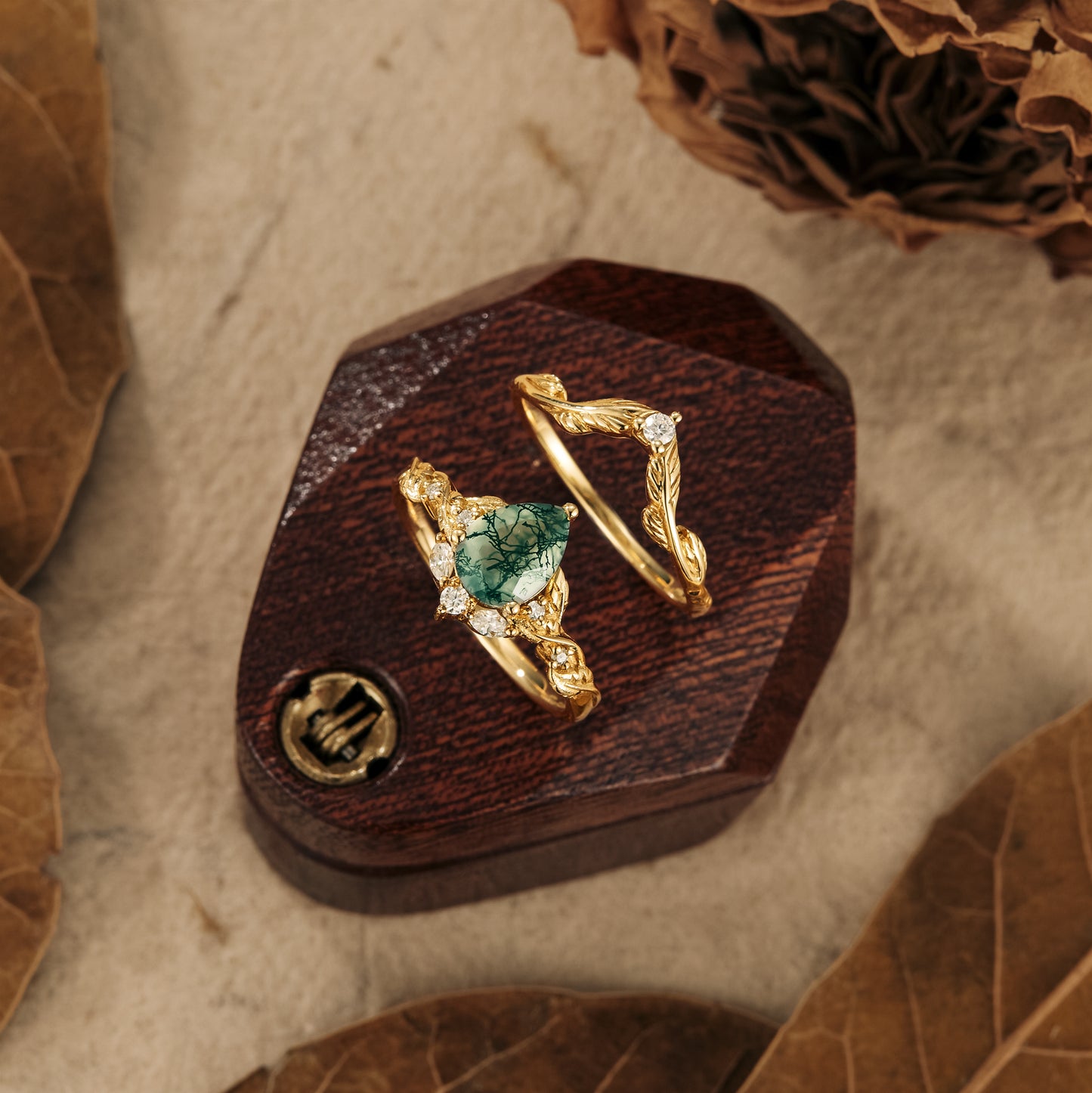 Sweet Potato Vine Inspired ring set featuring Moss Agate and Moissanite accents in gold.
