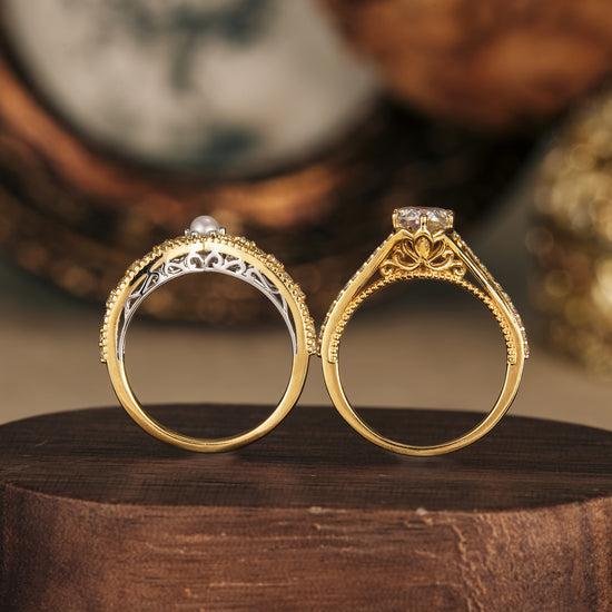 Intricate moissanite ring set with ornate designs on wooden base, showcasing luxury craftsmanship.