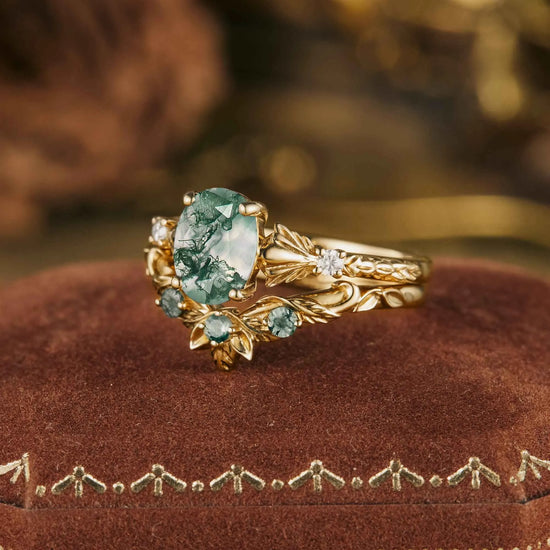 Clematis Inspired Moss Agate Ring Set