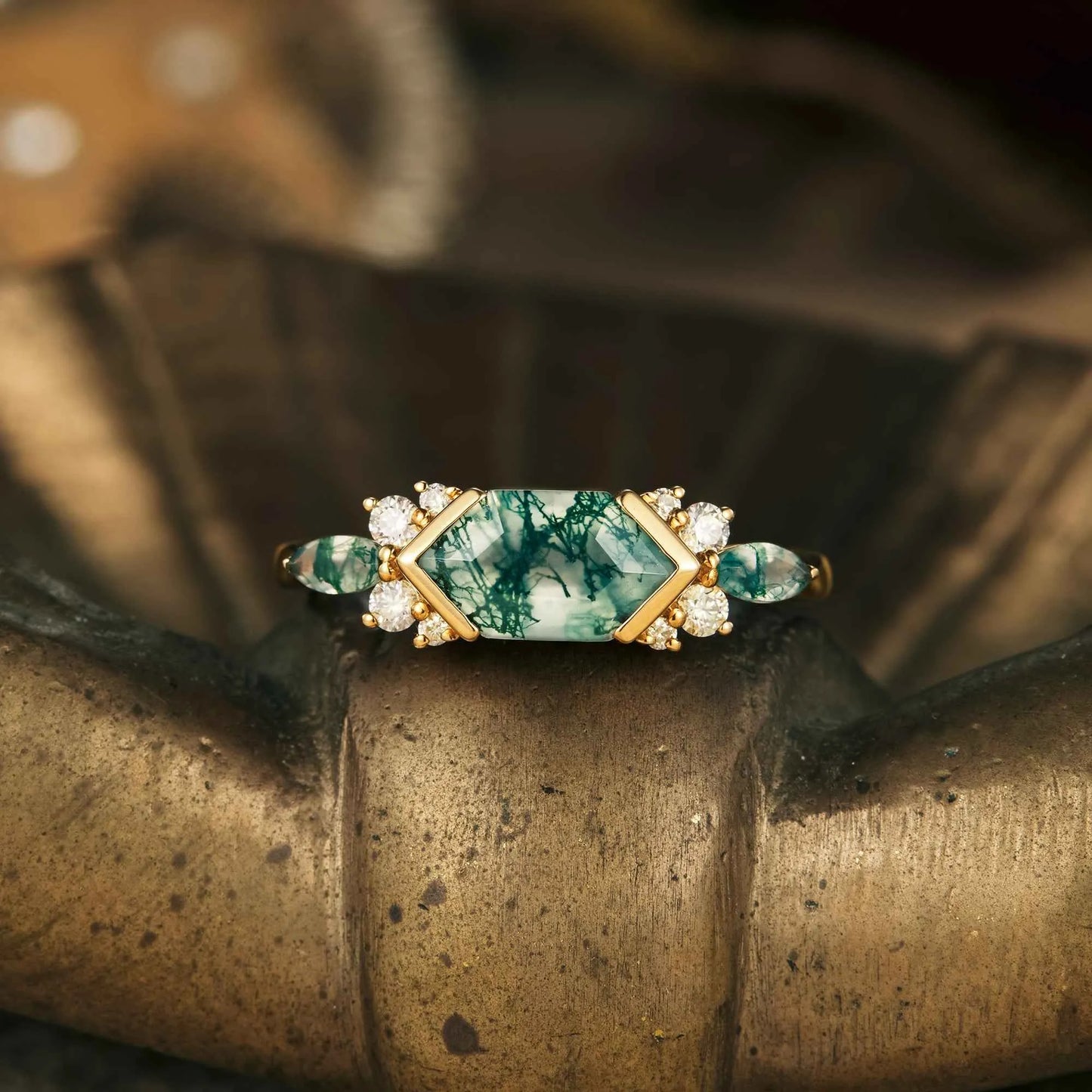 Long Hexagon Moss Agate Engagement Ring