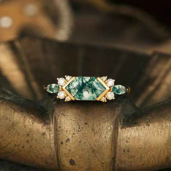 Long Hexagon Moss Agate Engagement Ring