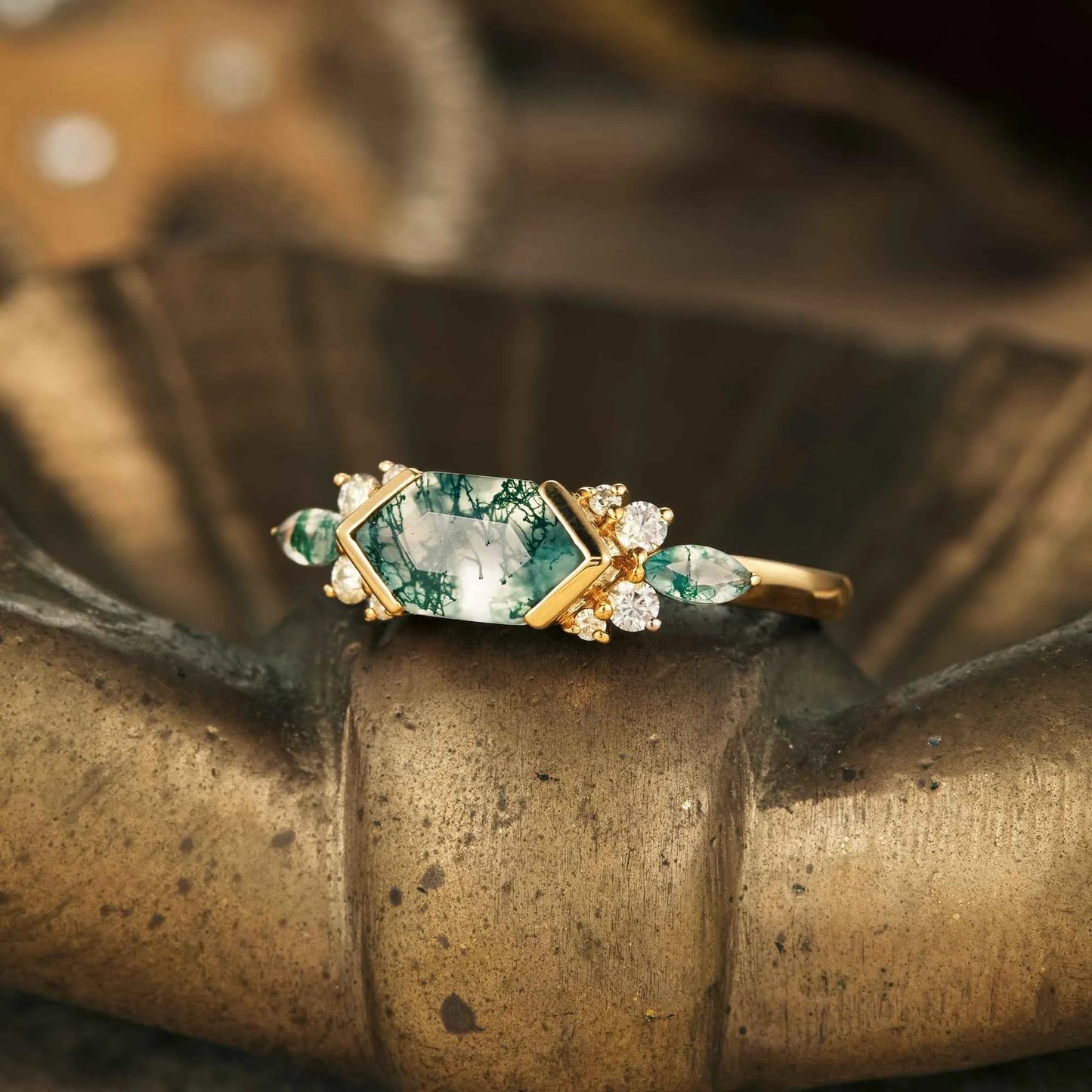 Long Hexagon Moss Agate Engagement Ring
