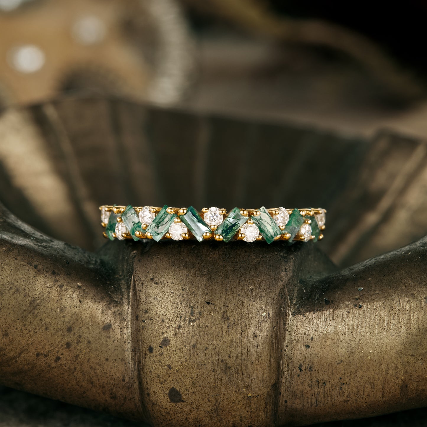 Moissanite and moss agate wedding band with gold setting