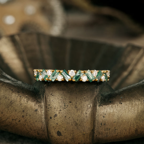 Moissanite and moss agate wedding band with gold setting
