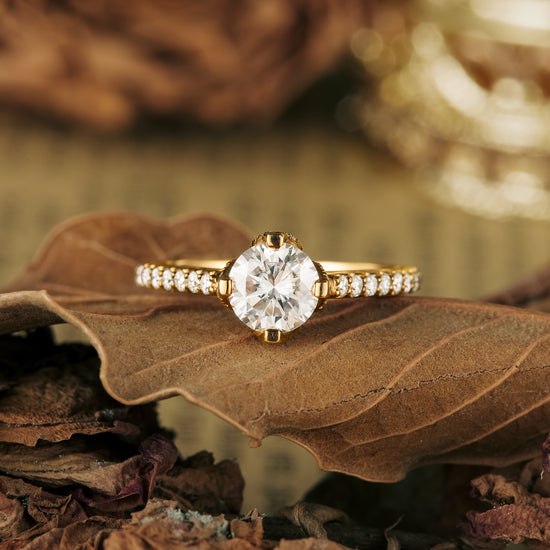 Moissanite engagement ring with round center stone and gold band on dried leaves