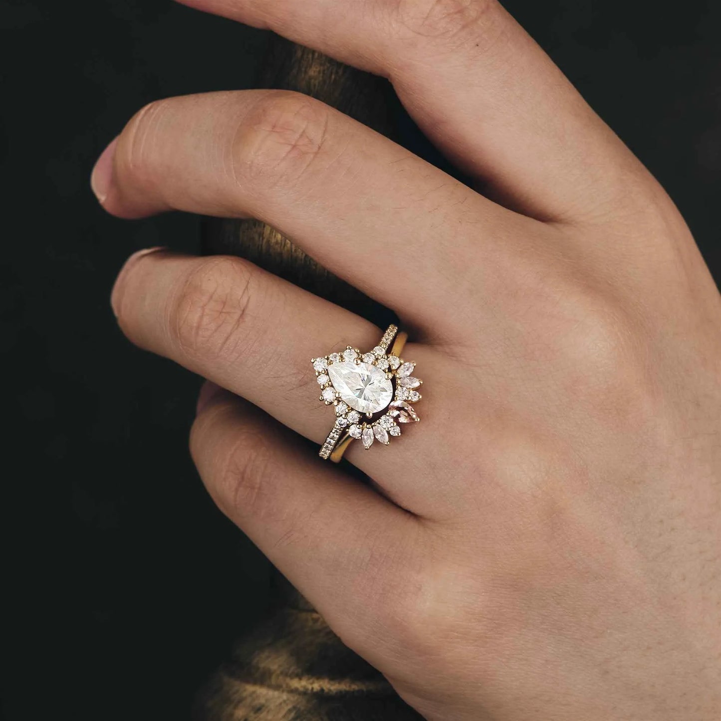 Pear Moissanite Halo Engagement Ring Set