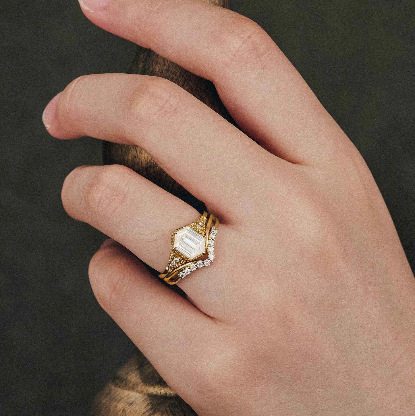 Exclusive Long-hexagon Moissanite Ring Set