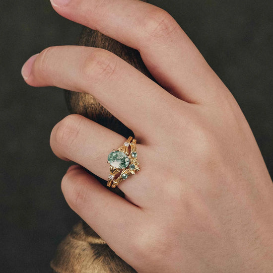 Clematis Inspired Moss Agate Ring Set