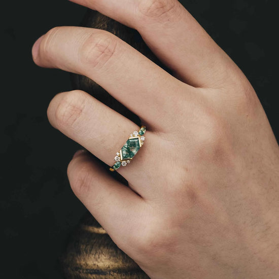 Long Hexagon Moss Agate Engagement Ring