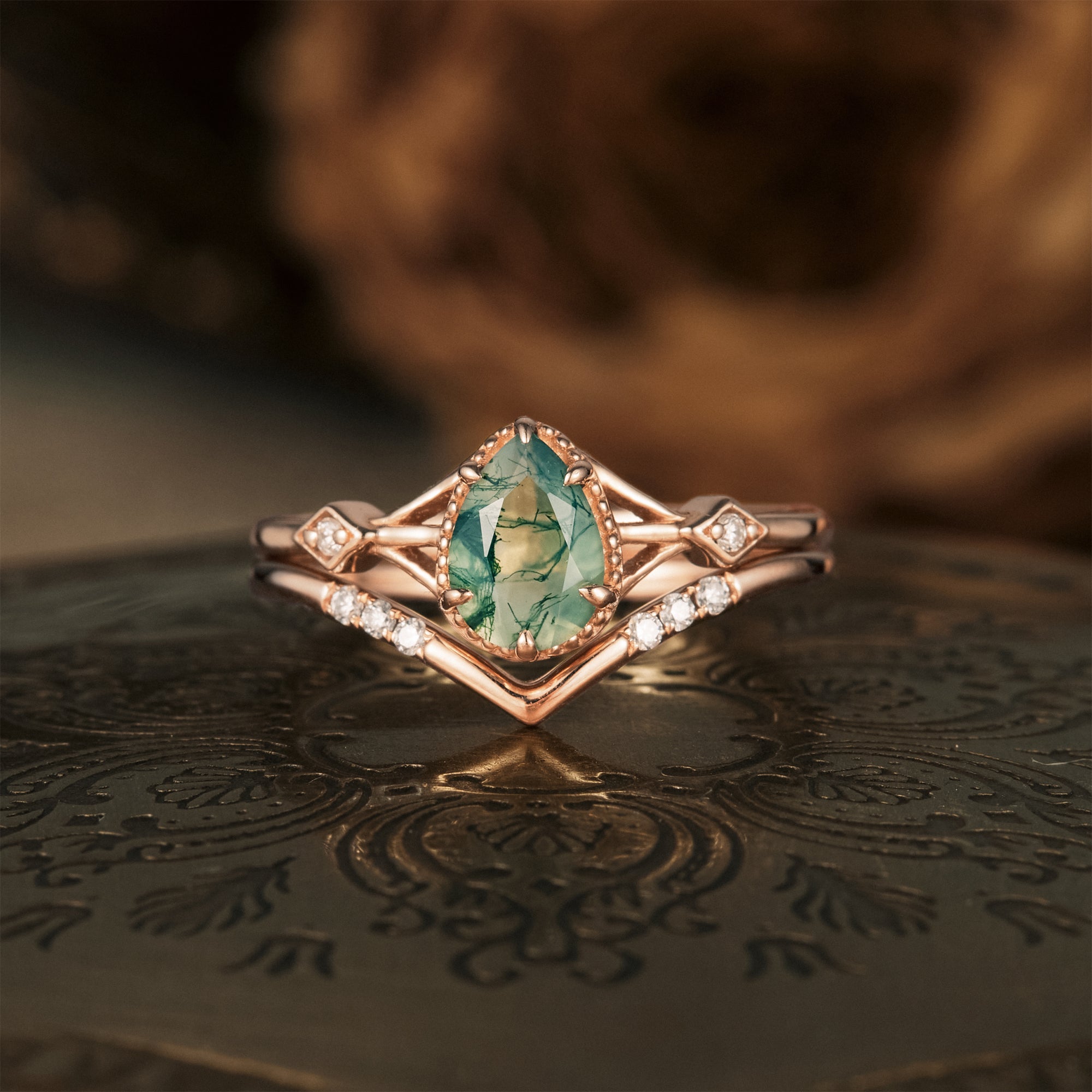 Pear Dainty Moss Agate&Moissanite  Engagement Ring Set 2pcs - GemsMagic