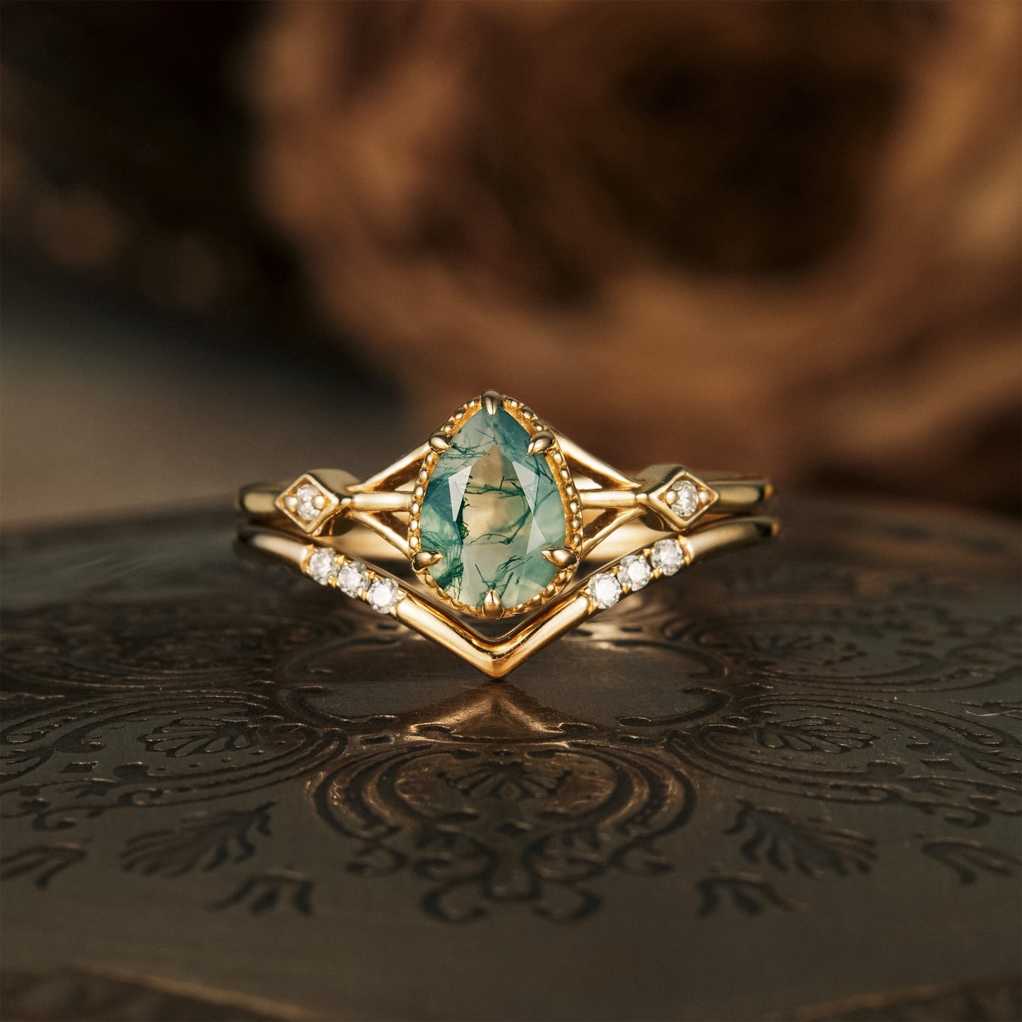Moss Agate&Moissanite  Engagement Ring Set