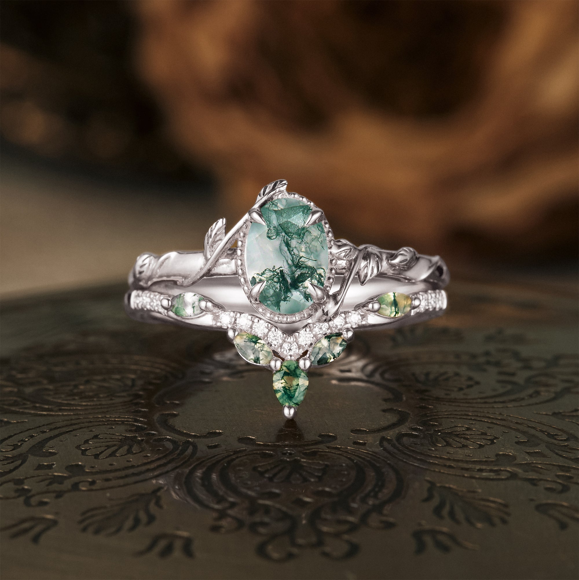 Oval Moss Agate Cluster Leaf Engagement Ring Set 2pcs - GemsMagic
