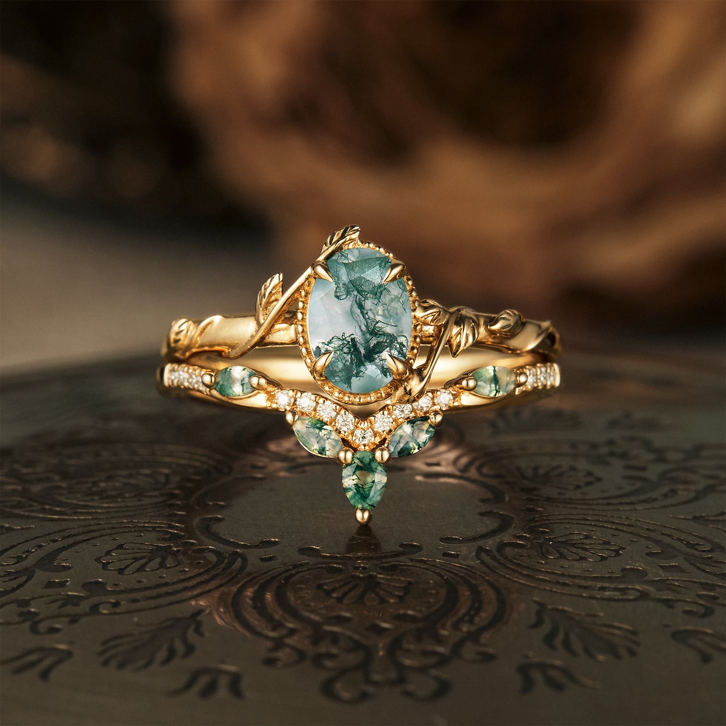 Moss Agate Cluster Leaf Engagement Ring Set 