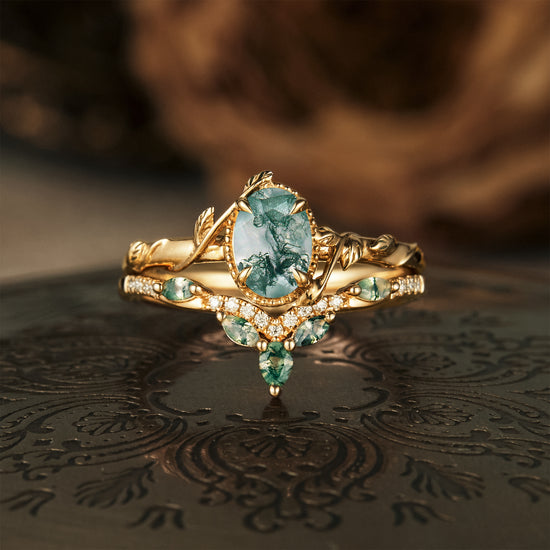 Moss Agate Cluster Leaf Engagement Ring Set 