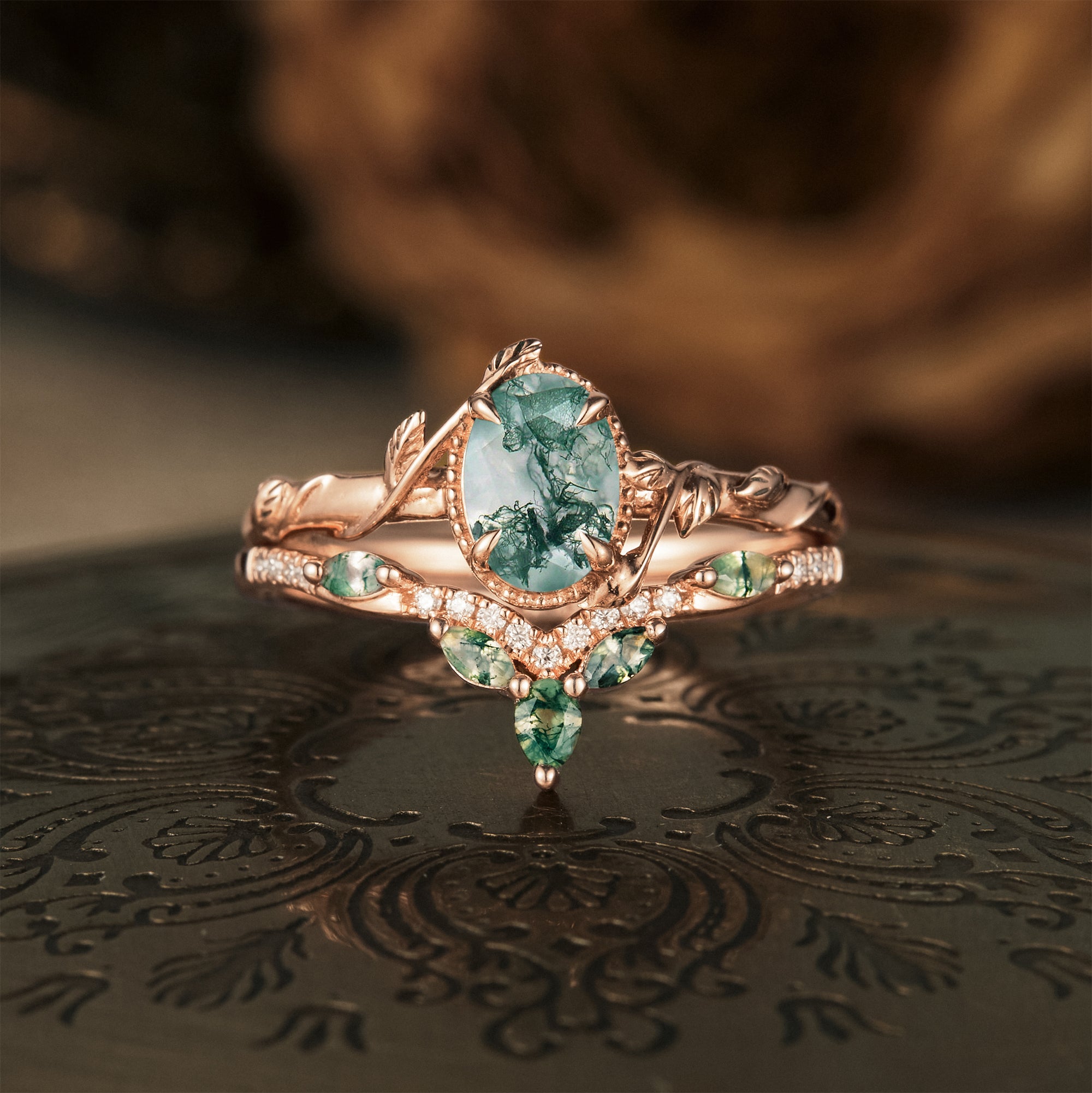 Oval Moss Agate Cluster Leaf Engagement Ring Set 2pcs - GemsMagic