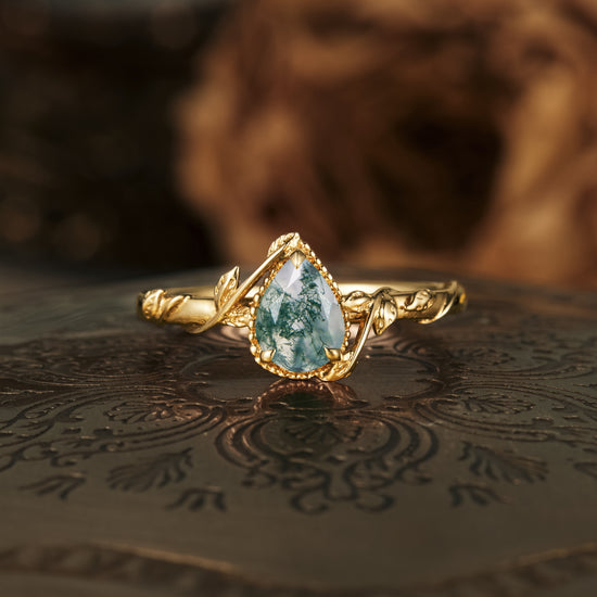Moss agate leaf-inspired pear engagement ring in gold