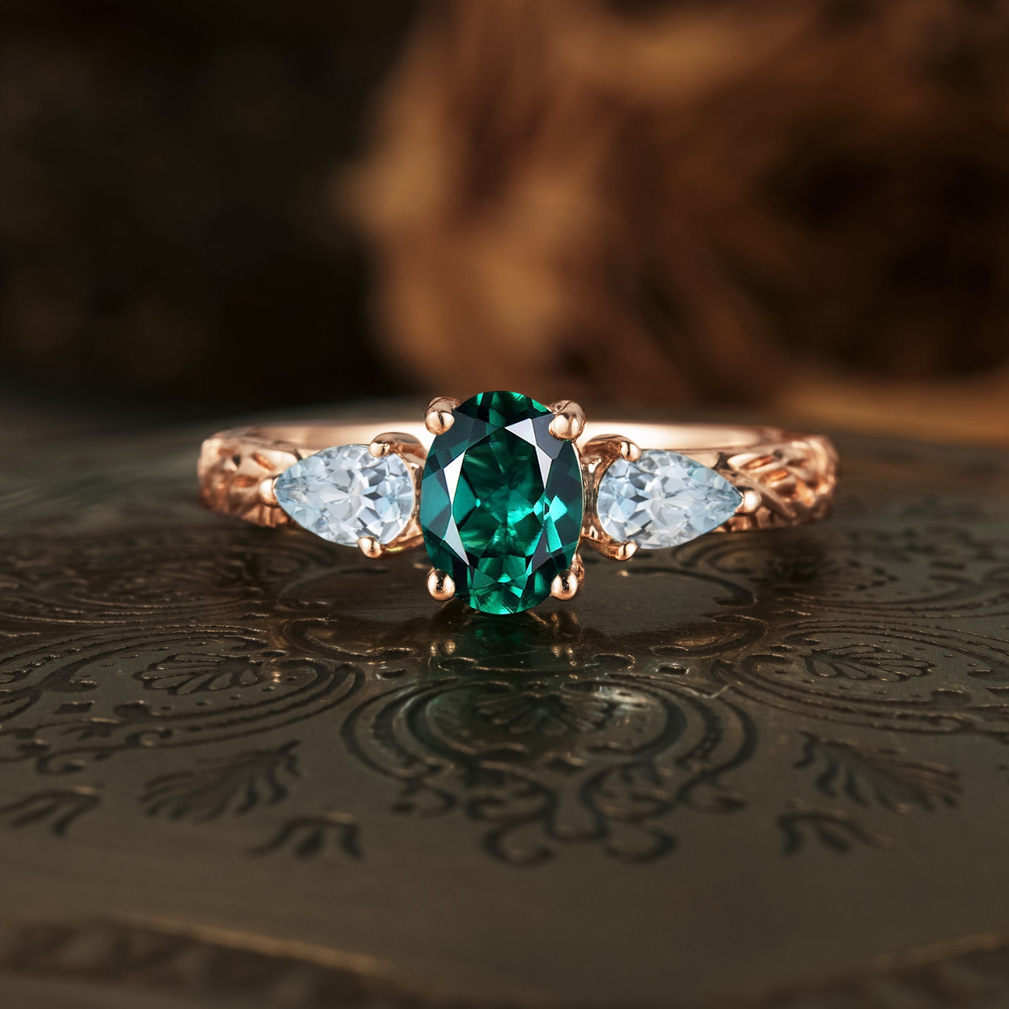 Oval Emerald & Aquamarine Cluster Engagement Ring - GemsMagic