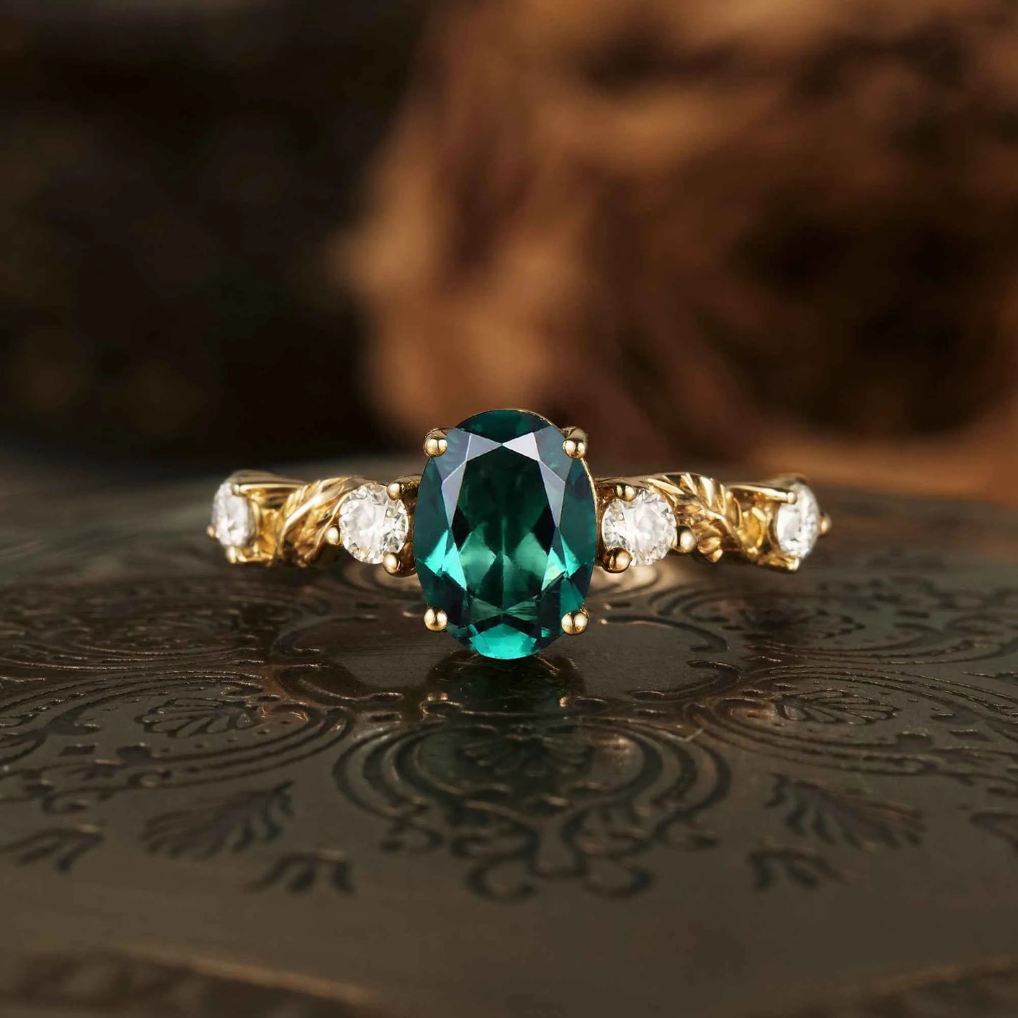 Oval Emerald Leaf  Engraved Engagement Ring