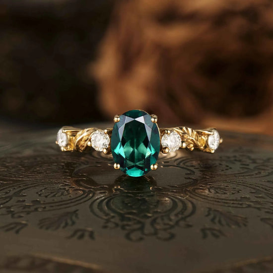 Oval Emerald Leaf  Engraved Engagement Ring
