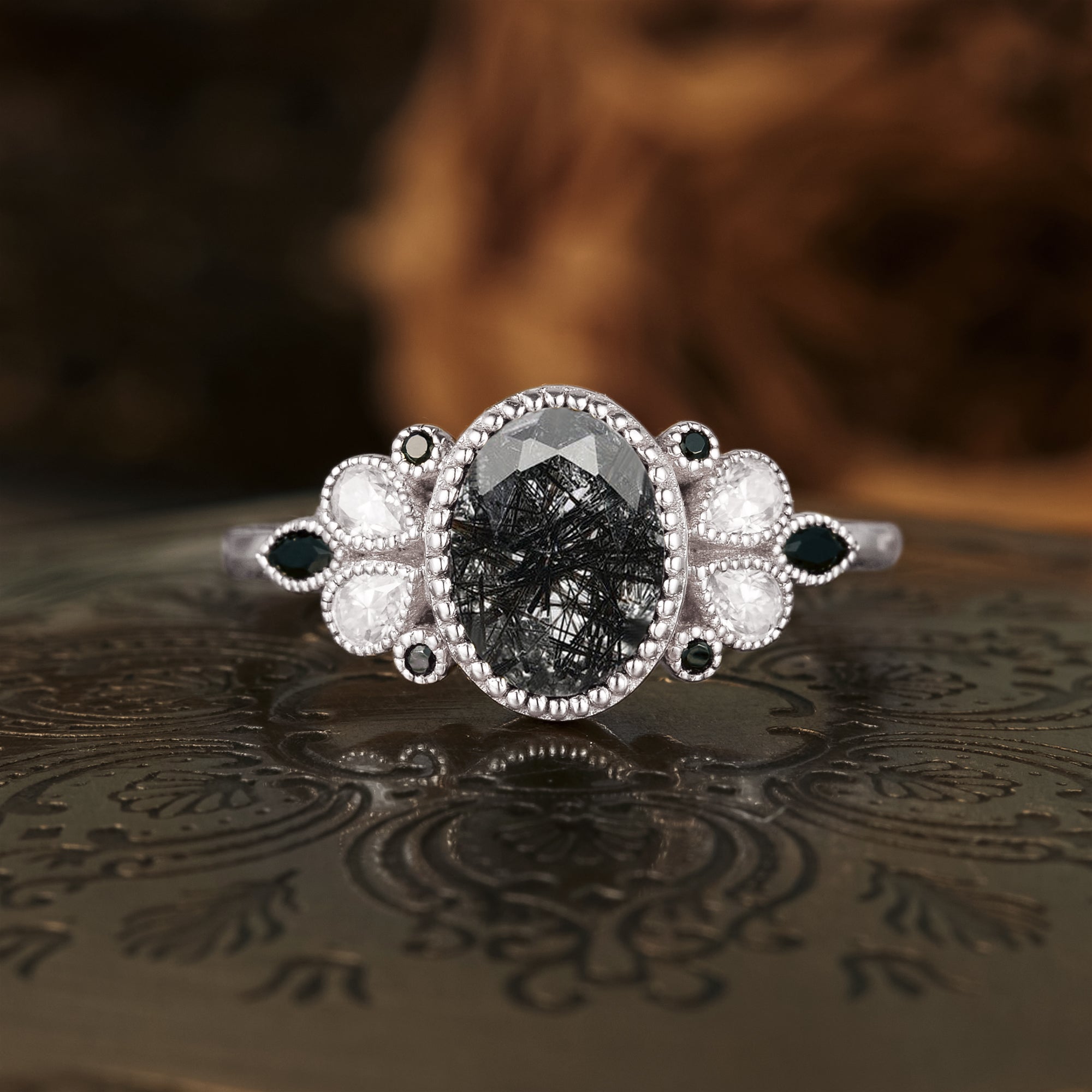 Vintage Black Rutilated Quartz Engagement Ring - GemsMagic