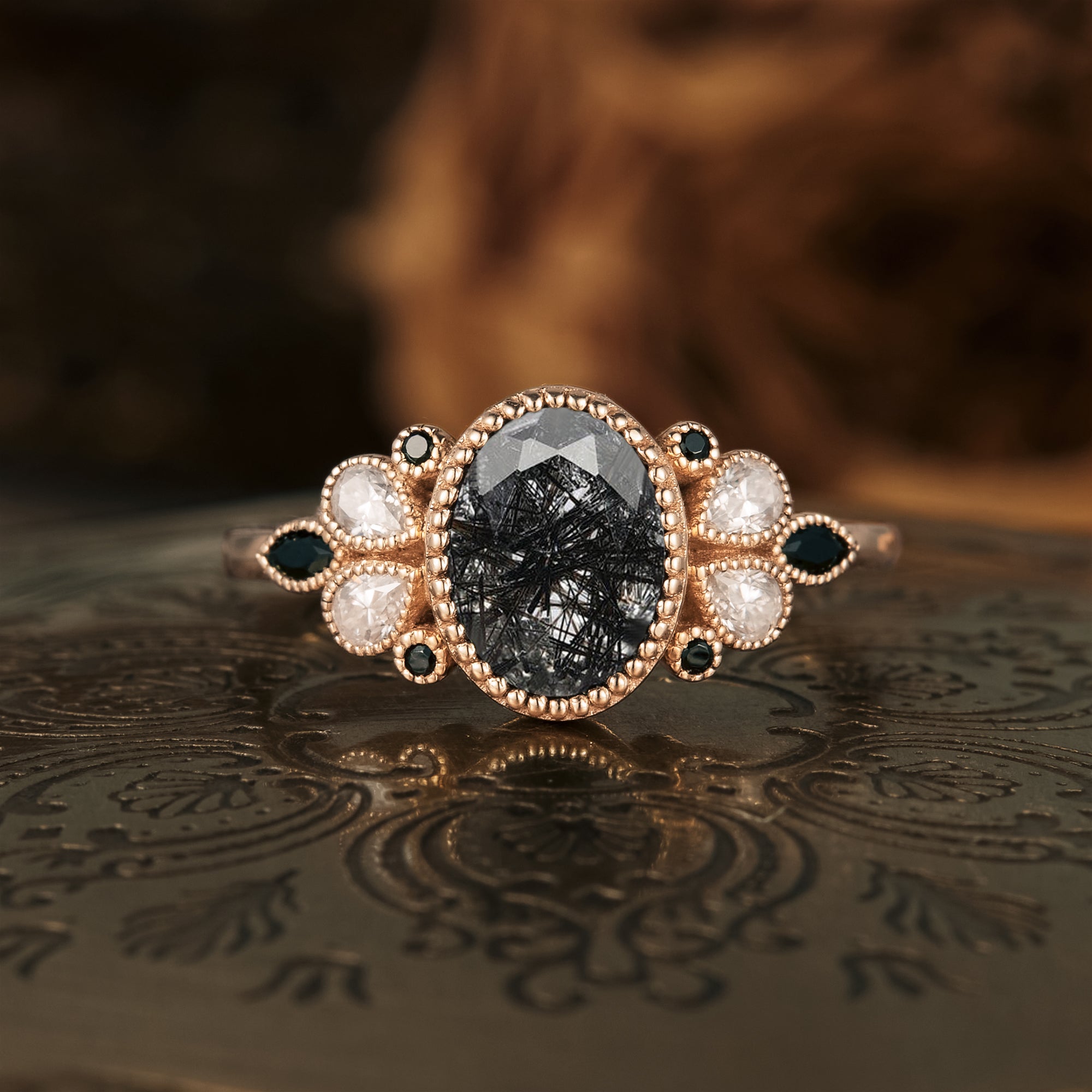 Vintage Black Rutilated Quartz Engagement Ring - GemsMagic