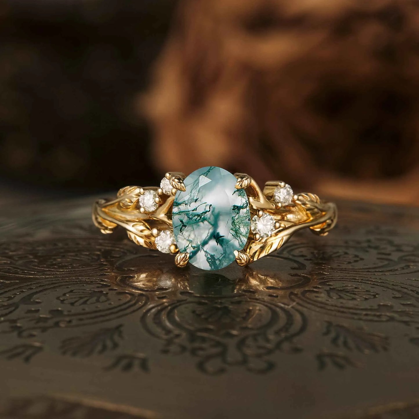 Moss Agate Leaf Floral Engagement Ring