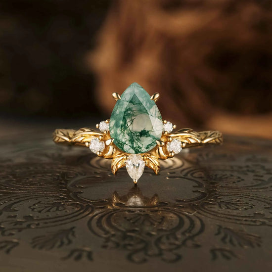 Pear Moss Agate Leaf Engagement Ring