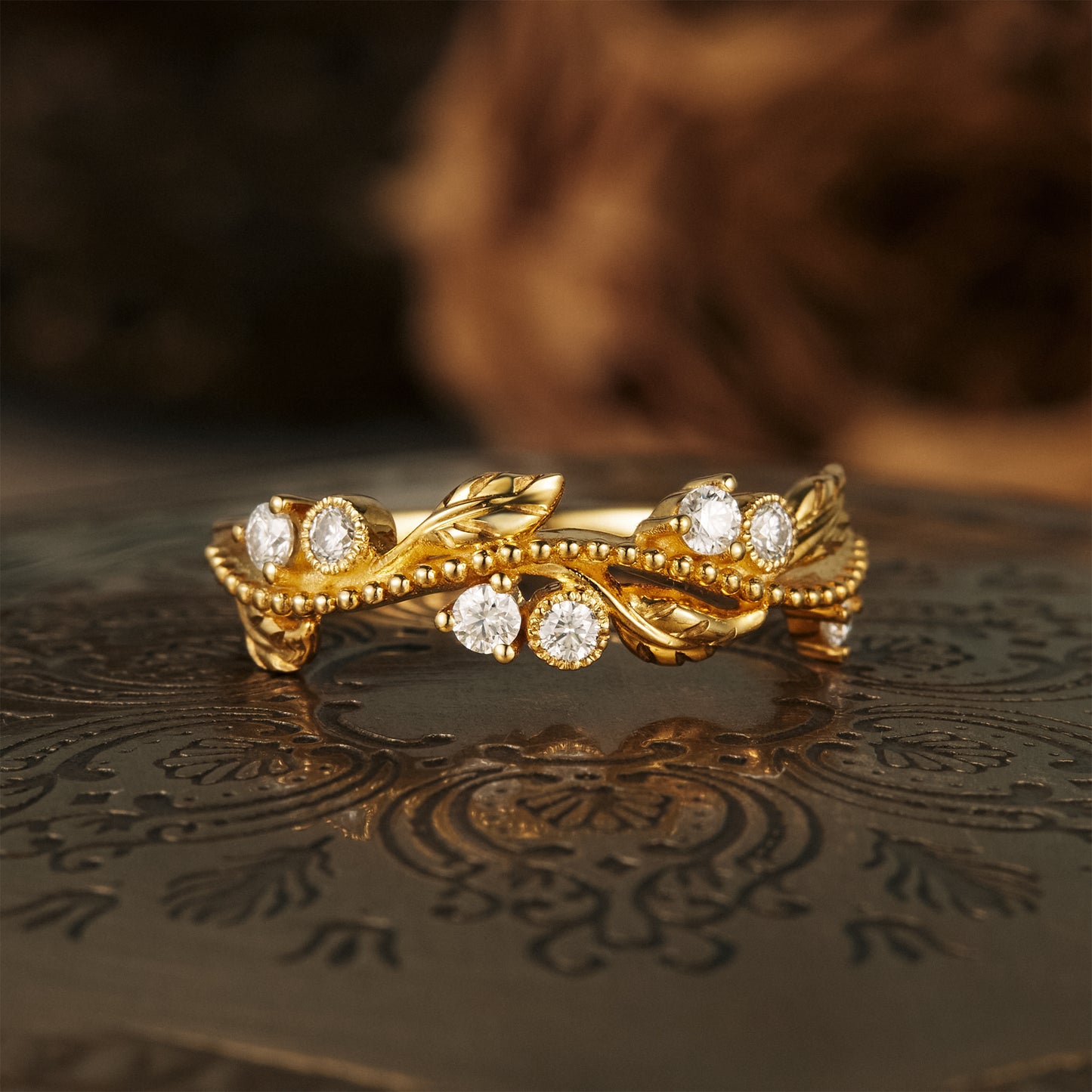 Moissanite Leaf Engraved Milgrain Wedding Band