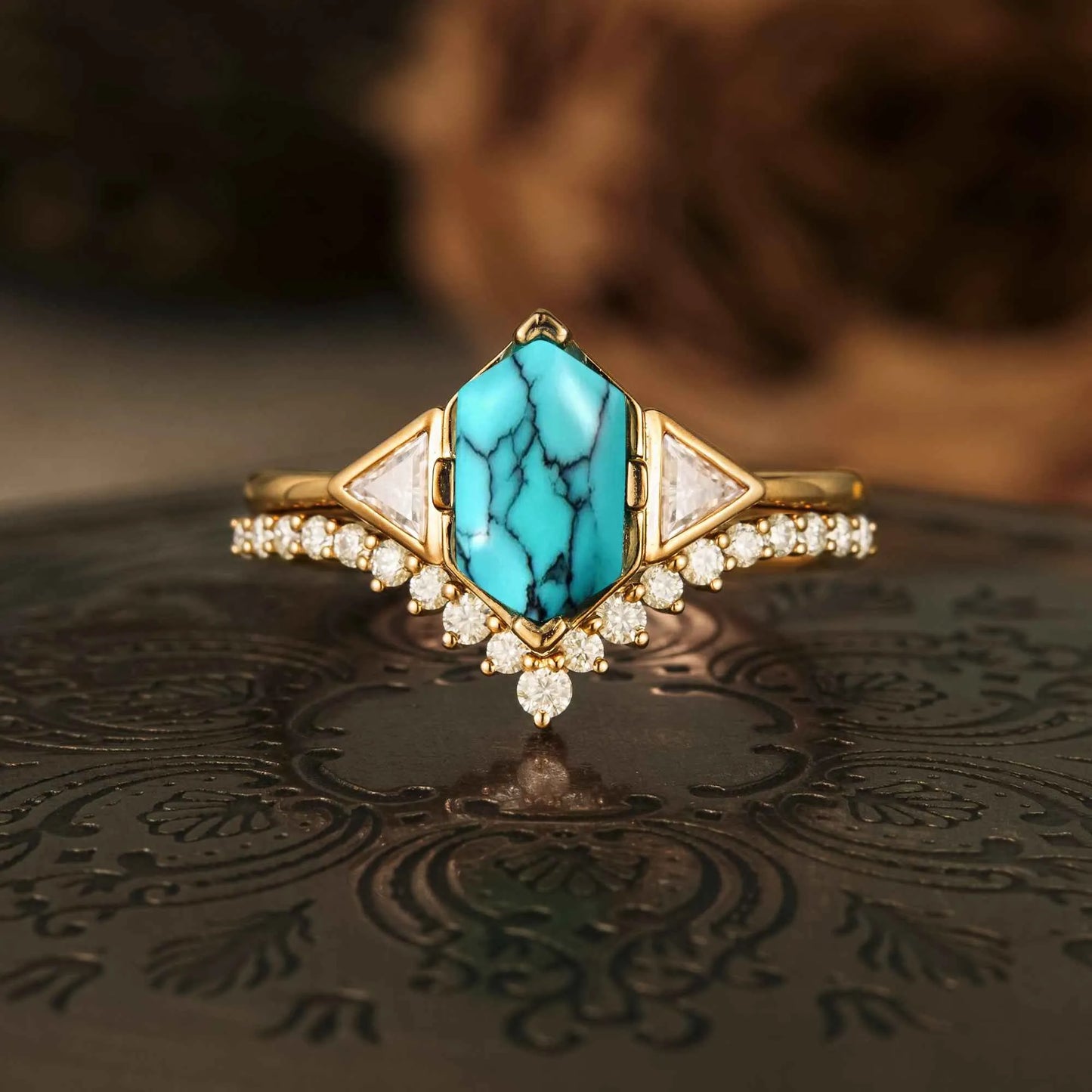 Boho Turquoise Engagement Ring Set