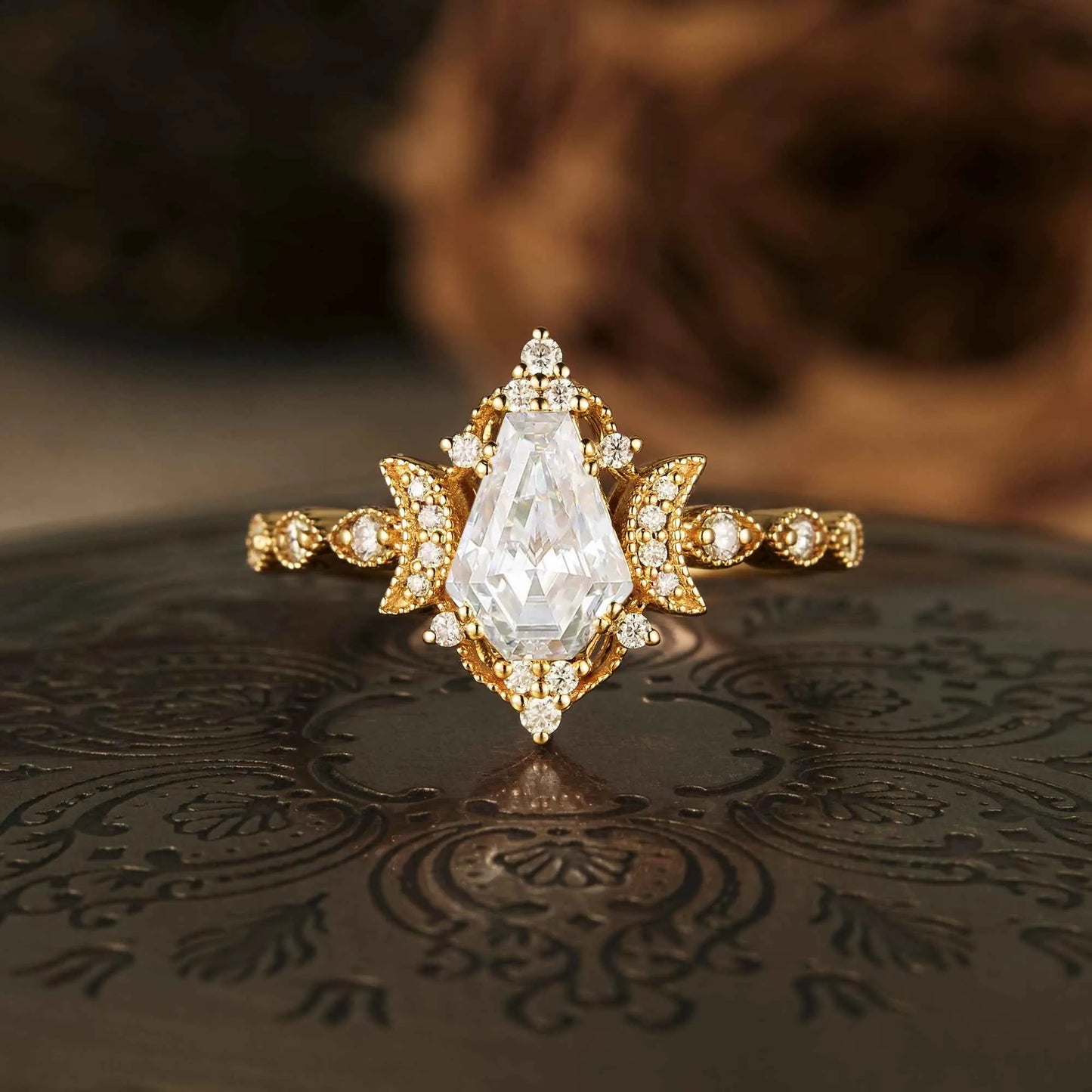 Coffin Shaped Moissanite Cluster Engagement Ring