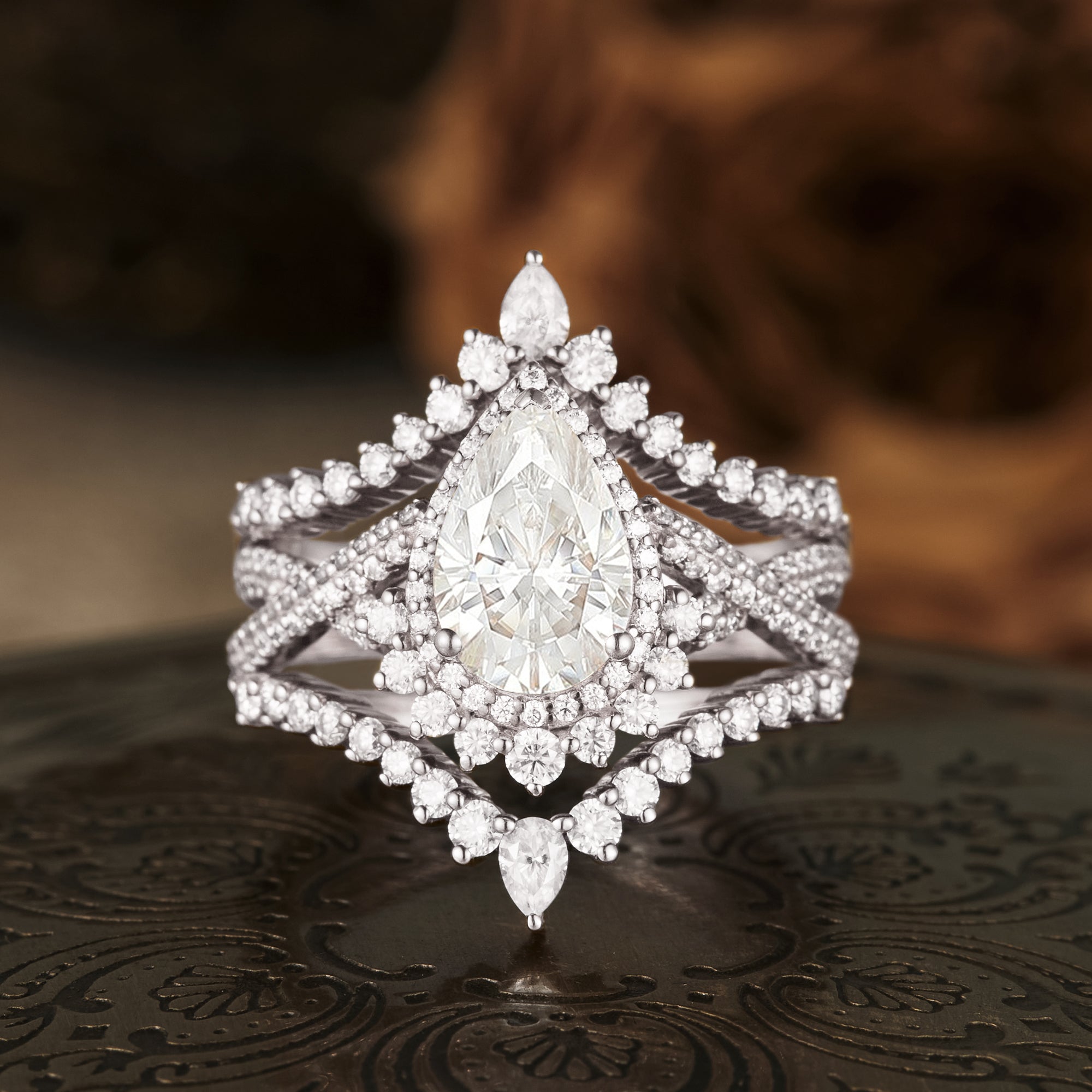 Gorgeous Pear Cut Moissanite Halo Engagement Ring Set 3pcs - Amaryllis - GemsMagic