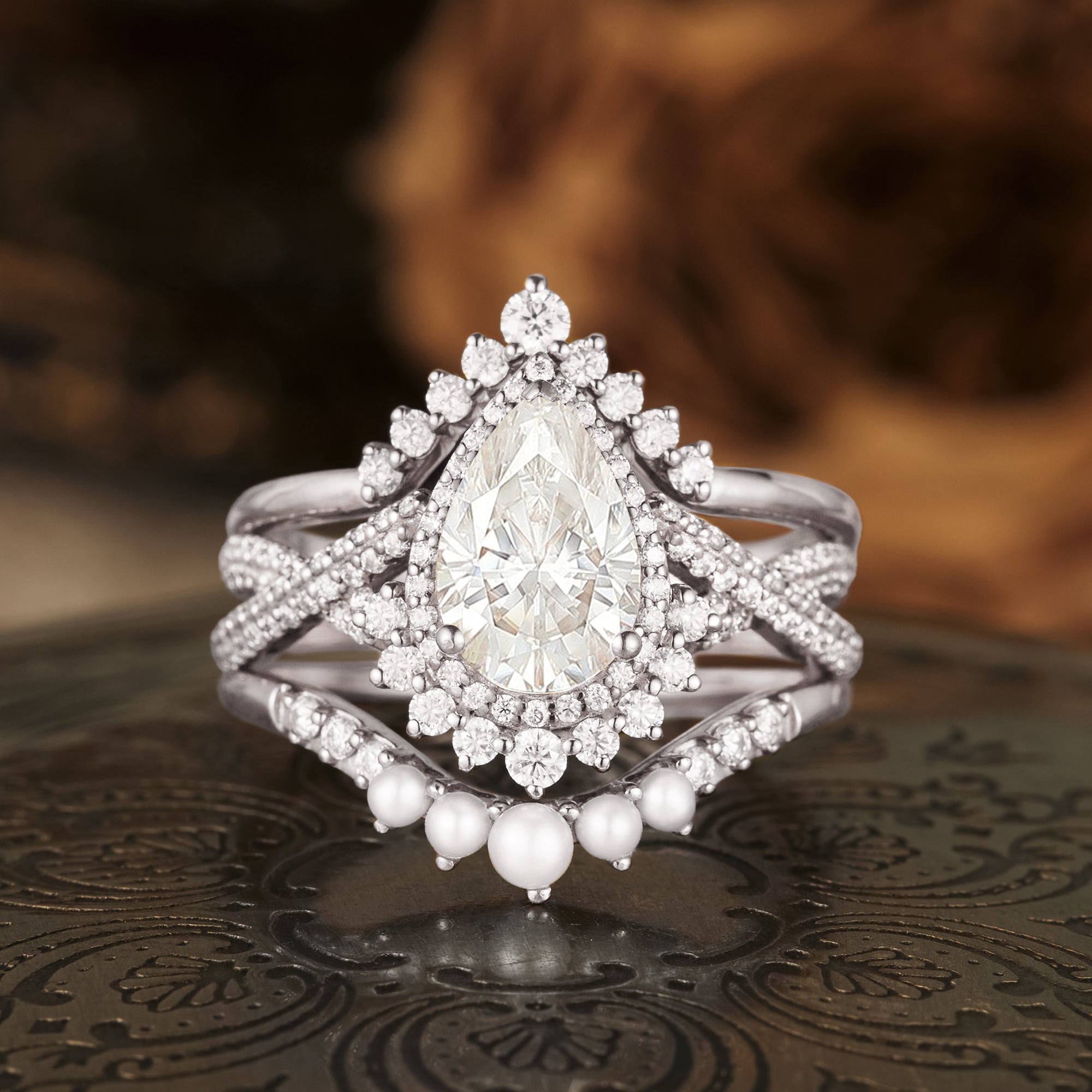 Pear Cut Moissanite Engagement Ring Set 3pcs - GemsMagic