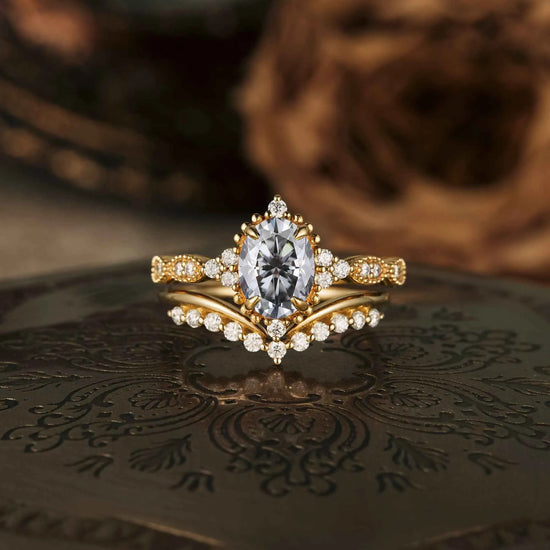 Unique Gray Moissanite Engagement Ring Set