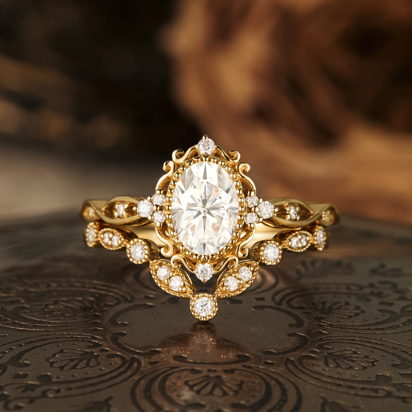 Unique Filigree Design Two Tone Engagement Ring - Camellia Jewelry