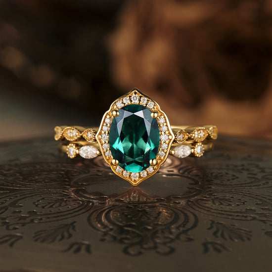 GemsMagic Vintage Emerald Halo Ring Set 2pcs