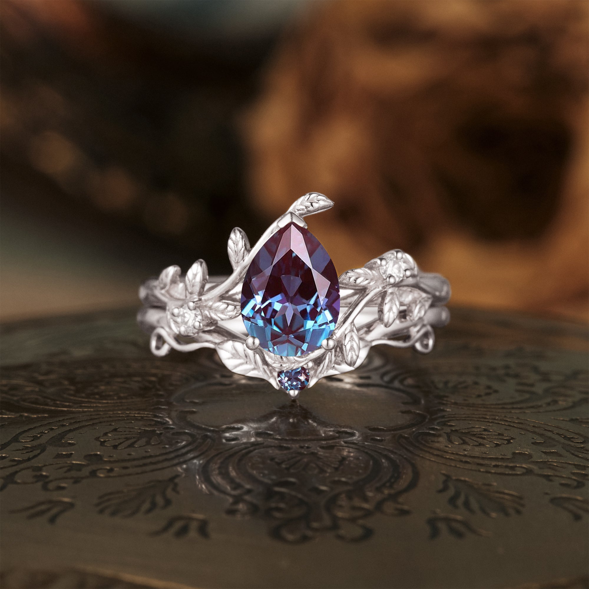 Alexandrite Leaf Engagement Ring Set 2pcs - GemsMagic