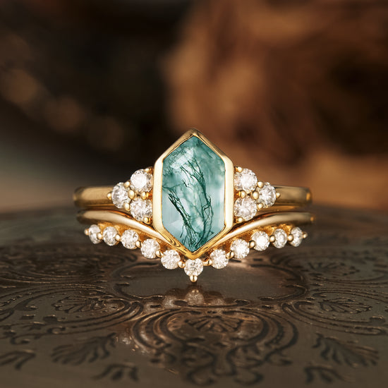 Vintage moss agate engagement ring set with moissanite stones in gold band