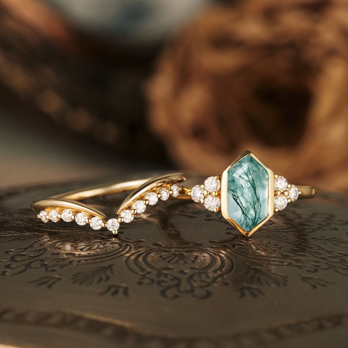 Moss agate hexagon engagement ring set with moissanite and gold band