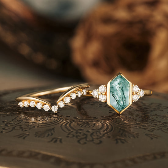 Moss agate hexagon engagement ring set with moissanite and gold band