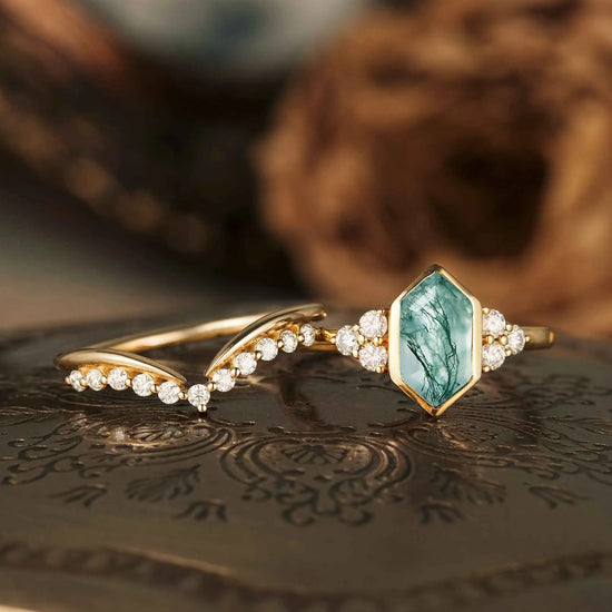 Vintage Moss Agate Engagement Ring Set