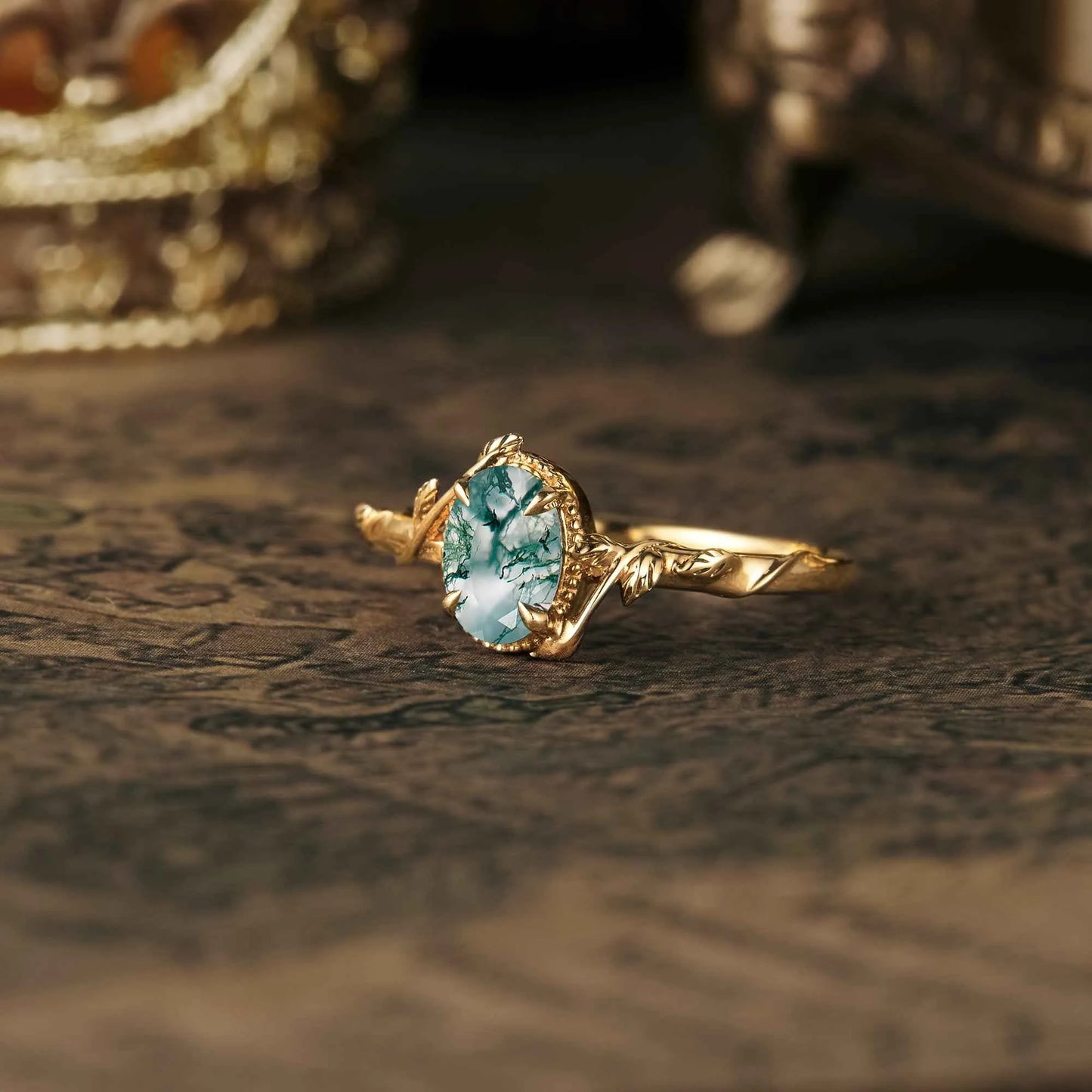 Oval Moss Agate Leaf Engagement Ring